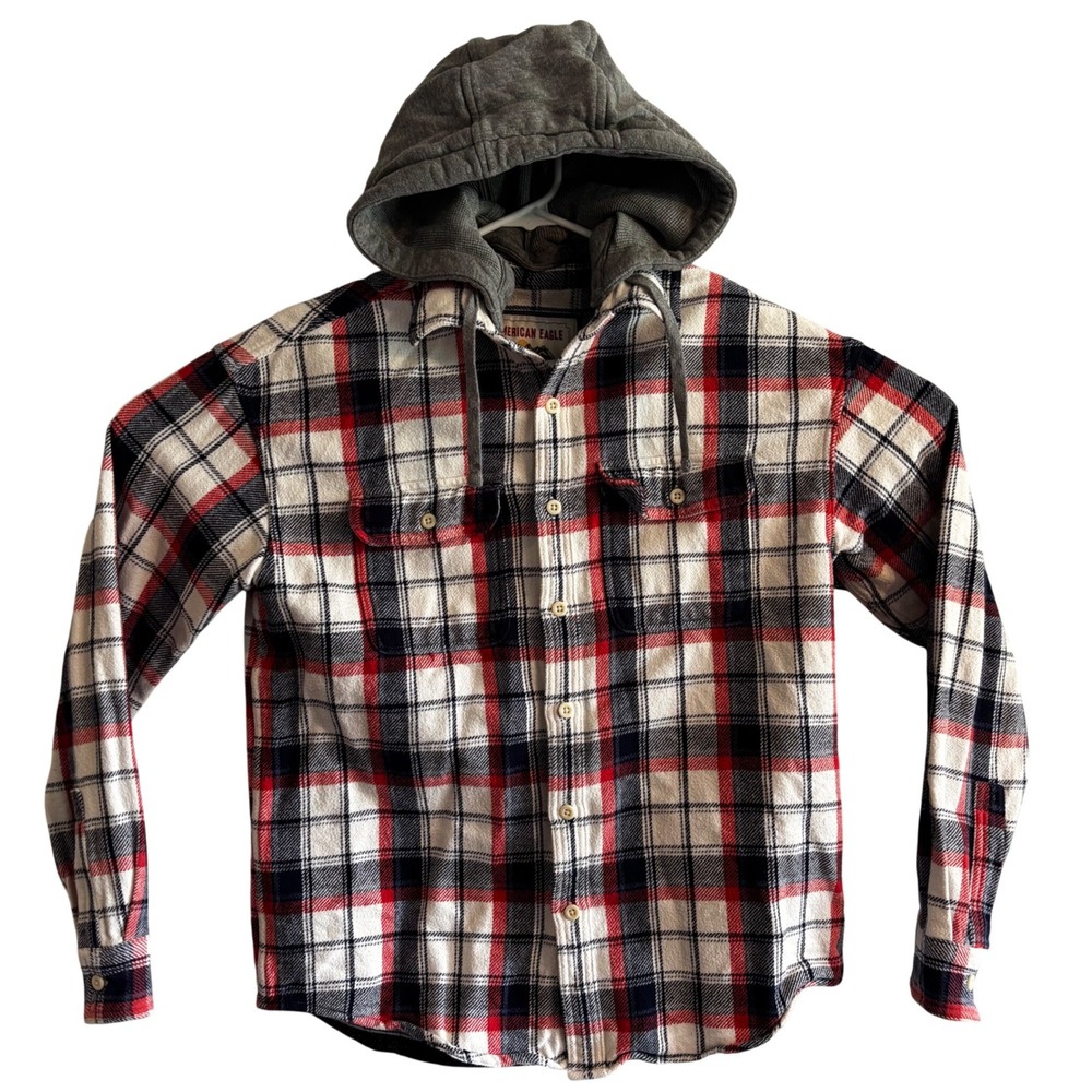 American Eagle Mens Plaid Hooded Flannel Shirt Button Up Red White Blue Medium